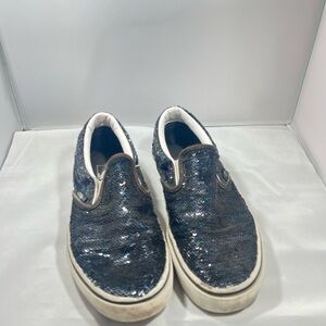Vans, kids metallic blue sequence slip on shoes, no laces